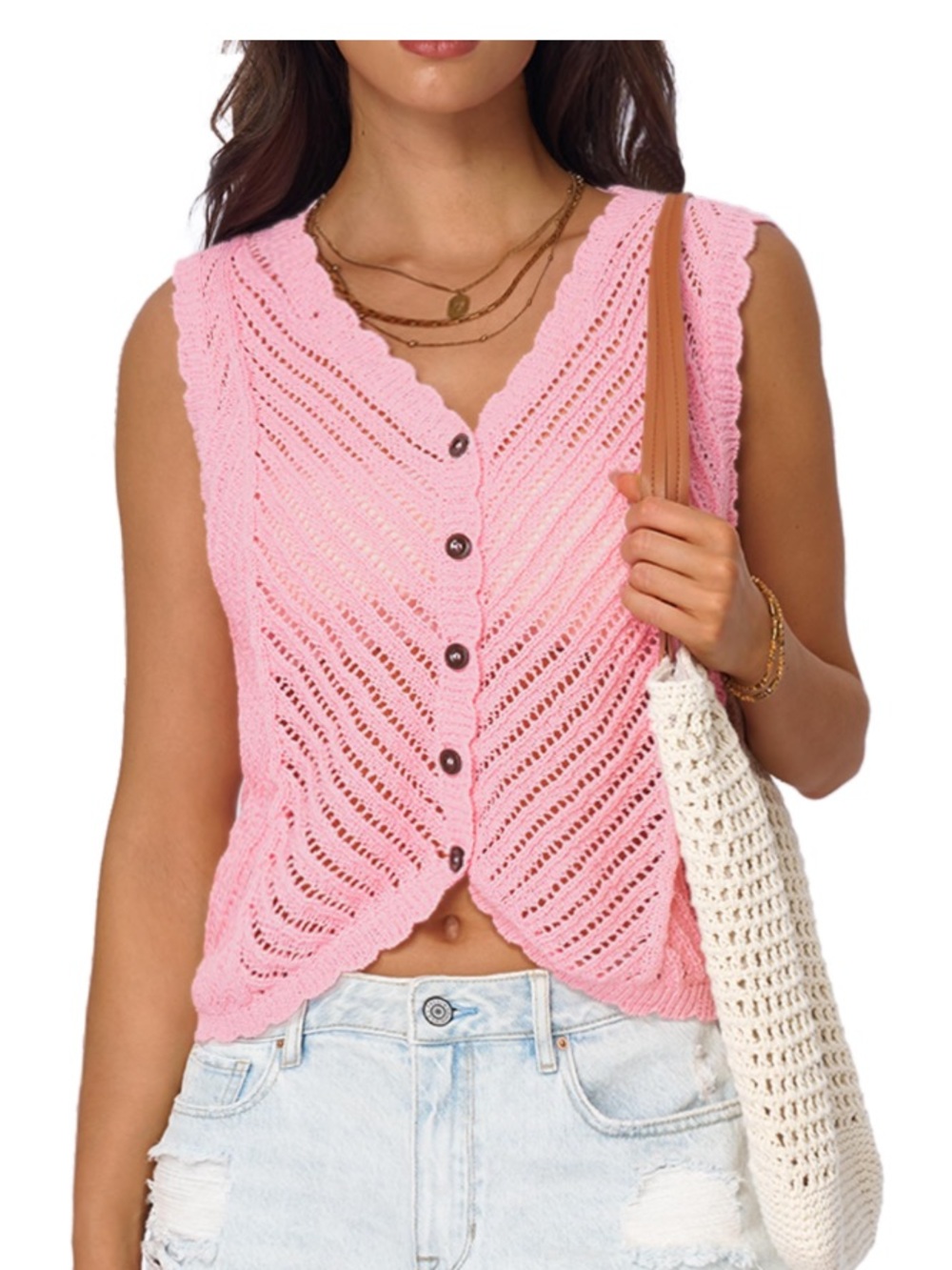 AceNest Pink Crochet Knit Button Down Crop Sweater Vest Top SZ Small NWT
